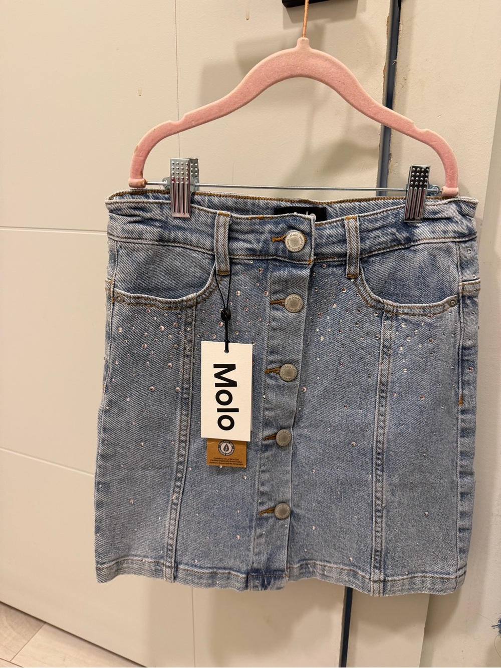 Molo Girls' Blue Denim Button-Front Skirt with Embellishments size 10/12